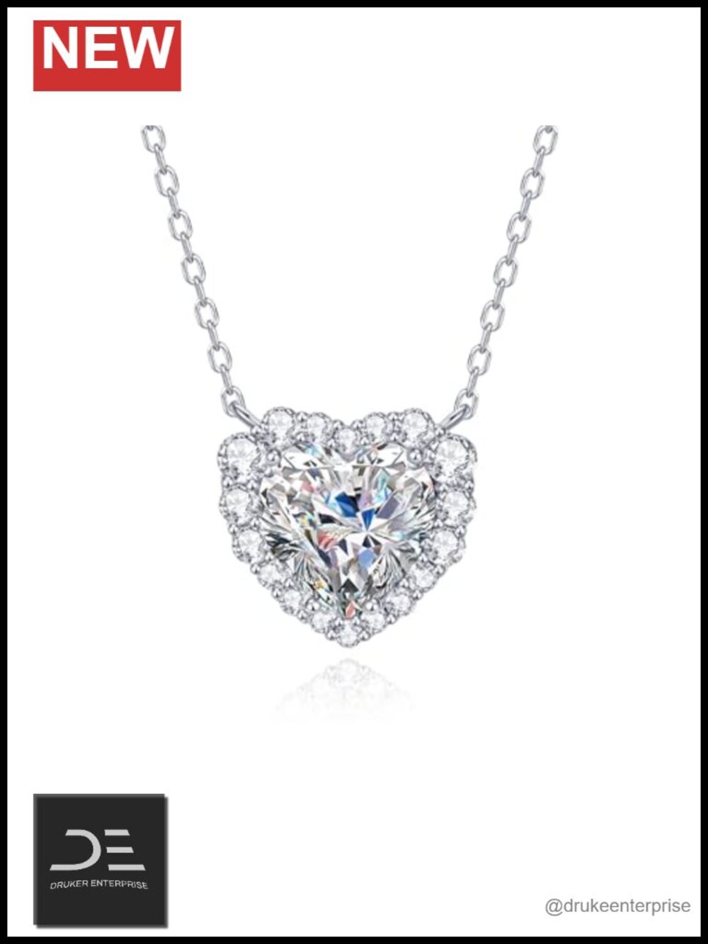 Moissanite Heart Necklace Sterling Silver 2CT Pendant 18-20"